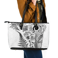 New Zealand Sea Animals Leather Tote Bag with Maori Koru Tribal Tattoo and Silver Ferns White Color LT03 - Polynesian Pride