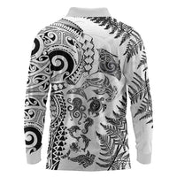 New Zealand Sea Animals Long Sleeve Polo Shirt with Maori Koru Tribal Tattoo and Silver Ferns White Color LT03 - Polynesian Pride