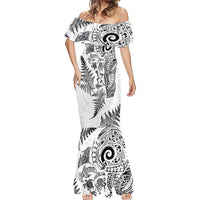 New Zealand Sea Animals Mermaid Dress with Maori Koru Tribal Tattoo and Silver Ferns White Color LT03 - Polynesian Pride