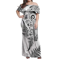 New Zealand Sea Animals Off Shoulder Maxi Dress with Maori Koru Tribal Tattoo and Silver Ferns White Color LT03 Women White - Polynesian Pride