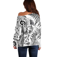 New Zealand Sea Animals Off Shoulder Sweater with Maori Koru Tribal Tattoo and Silver Ferns White Color LT03 - Polynesian Pride