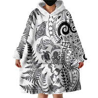 New Zealand Sea Animals Wearable Blanket Hoodie with Maori Koru Tribal Tattoo and Silver Ferns White Color LT03 - Polynesian Pride