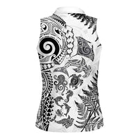New Zealand Sea Animals Women Sleeveless Polo Shirt with Maori Koru Tribal Tattoo and Silver Ferns White Color LT03 - Polynesian Pride