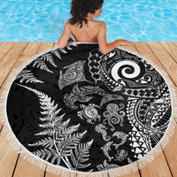 New Zealand Sea Animals Beach Blanket with Maori Koru Tribal Tattoo and Silver Ferns Black Color LT03 - Polynesian Pride