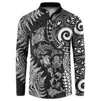 New Zealand Sea Animals Button Sweatshirt with Maori Koru Tribal Tattoo and Silver Ferns Black Color LT03 Black - Polynesian Pride
