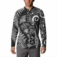 New Zealand Sea Animals Button Sweatshirt with Maori Koru Tribal Tattoo and Silver Ferns Black Color LT03 - Polynesian Pride