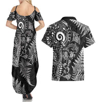 New Zealand Sea Animals Couples Matching Summer Maxi Dress and Hawaiian Shirt with Maori Koru Tribal Tattoo and Silver Ferns Black Color LT03 - Polynesian Pride