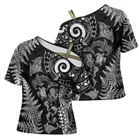 New Zealand Sea Animals Cross Shoulder Shirt with Maori Koru Tribal Tattoo and Silver Ferns Black Color LT03 - Polynesian Pride