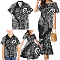 New Zealand Sea Animals Family Matching Mermaid Dress and Hawaiian Shirt with Maori Koru Tribal Tattoo and Silver Ferns Black Color LT03 - Polynesian Pride