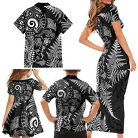 New Zealand Sea Animals Family Matching Short Sleeve Bodycon Dress and Hawaiian Shirt with Maori Koru Tribal Tattoo and Silver Ferns Black Color LT03 - Polynesian Pride