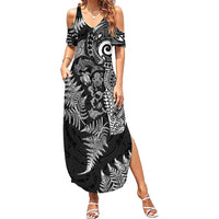 New Zealand Sea Animals Family Matching Summer Maxi Dress and Hawaiian Shirt with Maori Koru Tribal Tattoo and Silver Ferns Black Color LT03 Mom's Dress Black - Polynesian Pride