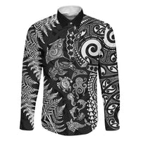 New Zealand Sea Animals Family Matching Tank Maxi Dress and Hawaiian Shirt with Maori Koru Tribal Tattoo and Silver Ferns Black Color LT03 Dad's Shirt - Long Sleeve Black - Polynesian Pride