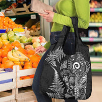 New Zealand Sea Animals Grocery Bag with Maori Koru Tribal Tattoo and Silver Ferns Black Color LT03 - Polynesian Pride
