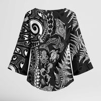 New Zealand Sea Animals Kimono Sleeve Blouse with Maori Koru Tribal Tattoo and Silver Ferns Black Color LT03 - Polynesian Pride