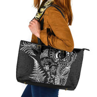New Zealand Sea Animals Leather Tote Bag with Maori Koru Tribal Tattoo and Silver Ferns Black Color LT03 Black - Polynesian Pride