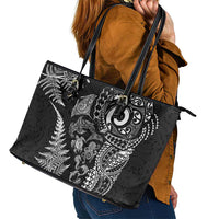 New Zealand Sea Animals Leather Tote Bag with Maori Koru Tribal Tattoo and Silver Ferns Black Color LT03 - Polynesian Pride