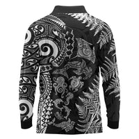 New Zealand Sea Animals Long Sleeve Polo Shirt with Maori Koru Tribal Tattoo and Silver Ferns Black Color LT03 - Polynesian Pride