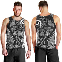 New Zealand Sea Animals Men Tank Top with Maori Koru Tribal Tattoo and Silver Ferns Black Color LT03 - Polynesian Pride