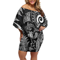 New Zealand Sea Animals Off Shoulder Short Dress with Maori Koru Tribal Tattoo and Silver Ferns Black Color LT03 Women Black - Polynesian Pride