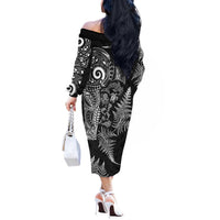 New Zealand Sea Animals Off The Shoulder Long Sleeve Dress with Maori Koru Tribal Tattoo and Silver Ferns Black Color LT03 - Polynesian Pride