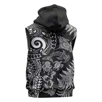 New Zealand Sea Animals Sleeveless Zip Hoodie with Maori Koru Tribal Tattoo and Silver Ferns Black Color LT03 - Polynesian Pride
