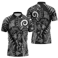 New Zealand Sea Animals Zipper Polo Shirt with Maori Koru Tribal Tattoo and Silver Ferns Black Color LT03 - Polynesian Pride