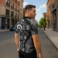 New Zealand Sea Animals Zipper Polo Shirt with Maori Koru Tribal Tattoo and Silver Ferns Black Color LT03 - Polynesian Pride