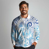 New Zealand Sea Animals Long Sleeve Polo Shirt with Maori Koru Tribal Tattoo and Silver Ferns Galaxy Style LT03 - Polynesian Pride