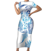 New Zealand Sea Animals Short Sleeve Bodycon Dress with Maori Koru Tribal Tattoo and Silver Ferns Galaxy Style LT03 Long Dress Multicolor - Polynesian Pride