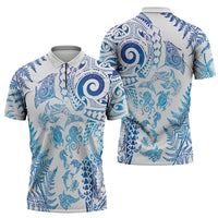 New Zealand Sea Animals Zipper Polo Shirt with Maori Koru Tribal Tattoo and Silver Ferns Galaxy Style LT03 - Polynesian Pride