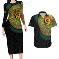 Vanuatu Tribal Tattoo with Namele Leaves Couples Matching Long Sleeve Bodycon Dress and Hawaiian Shirt LT03 Black - Polynesian Pride