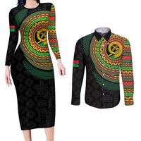 Vanuatu Tribal Tattoo with Namele Leaves Couples Matching Long Sleeve Bodycon Dress and Long Sleeve Button Shirt LT03 Black - Polynesian Pride