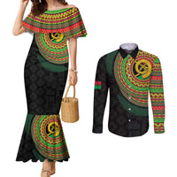 Vanuatu Tribal Tattoo with Namele Leaves Couples Matching Mermaid Dress and Long Sleeve Button Shirt LT03 Black - Polynesian Pride