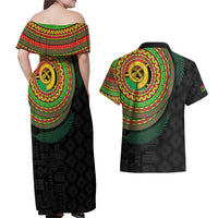 Vanuatu Tribal Tattoo with Namele Leaves Couples Matching Off Shoulder Maxi Dress and Hawaiian Shirt LT03 - Polynesian Pride