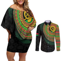 Vanuatu Tribal Tattoo with Namele Leaves Couples Matching Off Shoulder Short Dress and Long Sleeve Button Shirt LT03 Black - Polynesian Pride