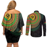 Vanuatu Tribal Tattoo with Namele Leaves Couples Matching Off Shoulder Short Dress and Long Sleeve Button Shirt LT03 - Polynesian Pride