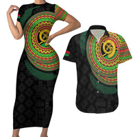 Vanuatu Tribal Tattoo with Namele Leaves Couples Matching Short Sleeve Bodycon Dress and Hawaiian Shirt LT03 Black - Polynesian Pride