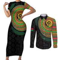 Vanuatu Tribal Tattoo with Namele Leaves Couples Matching Short Sleeve Bodycon Dress and Long Sleeve Button Shirt LT03 Black - Polynesian Pride