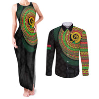 Vanuatu Tribal Tattoo with Namele Leaves Couples Matching Tank Maxi Dress and Long Sleeve Button Shirt LT03 Black - Polynesian Pride