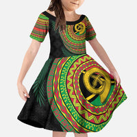 Vanuatu Tribal Tattoo with Namele Leaves Family Matching Off Shoulder Maxi Dress and Hawaiian Shirt LT03 Daughter's Dress Black - Polynesian Pride