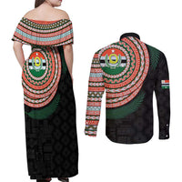Penama Tribal Tattoo with Namele Leaves Couples Matching Off Shoulder Maxi Dress and Long Sleeve Button Shirt LT03 - Polynesian Pride