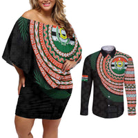 Penama Tribal Tattoo with Namele Leaves Couples Matching Off Shoulder Short Dress and Long Sleeve Button Shirt LT03 Black - Polynesian Pride