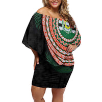 Penama Tribal Tattoo with Namele Leaves Family Matching Off Shoulder Short Dress and Hawaiian Shirt LT03 Mom's Dress Black - Polynesian Pride