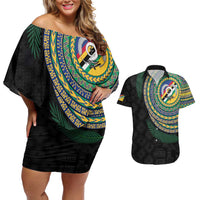 Torba Tribal Tattoo with Namele Leaves Couples Matching Off Shoulder Short Dress and Hawaiian Shirt LT03 Black - Polynesian Pride