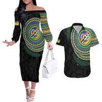 Torba Tribal Tattoo with Namele Leaves Couples Matching Off The Shoulder Long Sleeve Dress and Hawaiian Shirt LT03 Black - Polynesian Pride