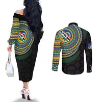 Torba Tribal Tattoo with Namele Leaves Couples Matching Off The Shoulder Long Sleeve Dress and Long Sleeve Button Shirt LT03 - Polynesian Pride