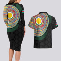 Shefa Tribal Tattoo with Namele Leaves Couples Matching Long Sleeve Bodycon Dress and Hawaiian Shirt LT03 - Polynesian Pride