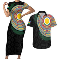 Shefa Tribal Tattoo with Namele Leaves Couples Matching Short Sleeve Bodycon Dress and Hawaiian Shirt LT03 Black - Polynesian Pride