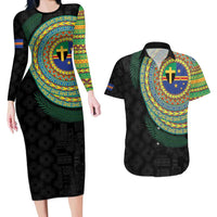 Tafea Tribal Tattoo with Namele Leaves Couples Matching Long Sleeve Bodycon Dress and Hawaiian Shirt LT03 Black - Polynesian Pride