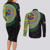 Tafea Tribal Tattoo with Namele Leaves Couples Matching Long Sleeve Bodycon Dress and Long Sleeve Button Shirt LT03 - Polynesian Pride